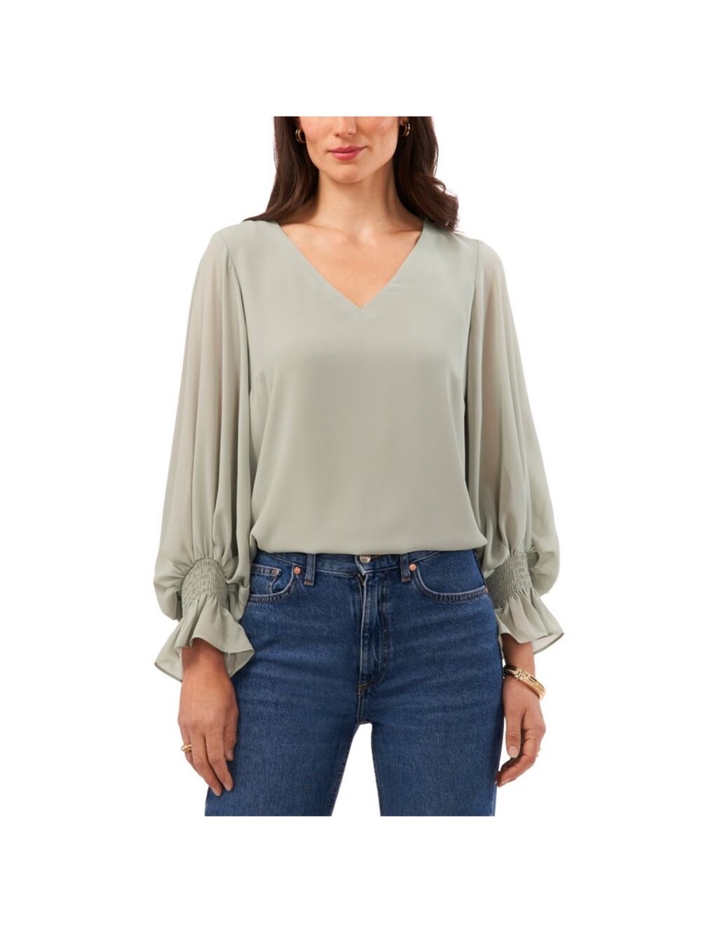 Vince Camuto V-Neck Sage Green Balloon Sleeve Blouse